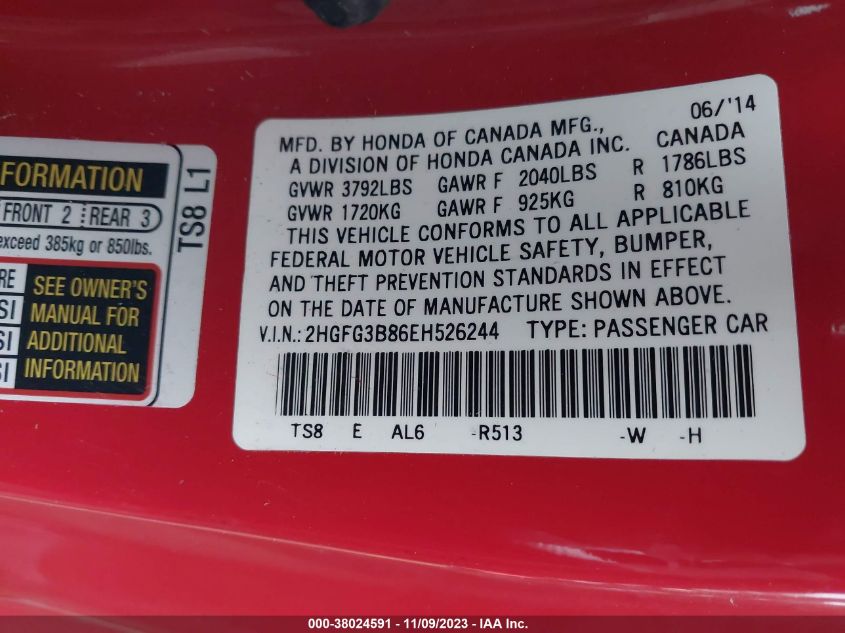 2014 HONDA CIVIC EX - 2HGFG3B86EH526244