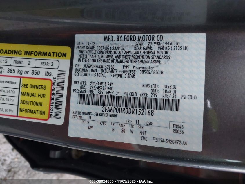 2013 FORD FUSION SE - 3FA6P0HR0DR152168