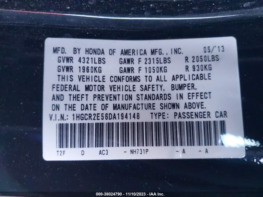 2013 HONDA ACCORD - 18GCR2E56DA194148