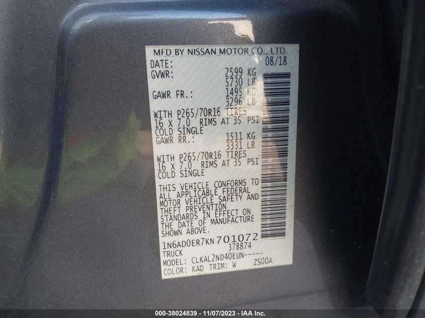 VIN 1N6AD0ER7KN701072 2019 NISSAN FRONTIER SV