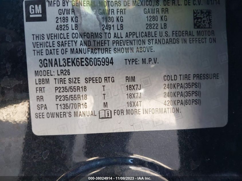 2014 CHEVROLET CAPTIVA SPORT LT 3GNAL3EK6ES605994