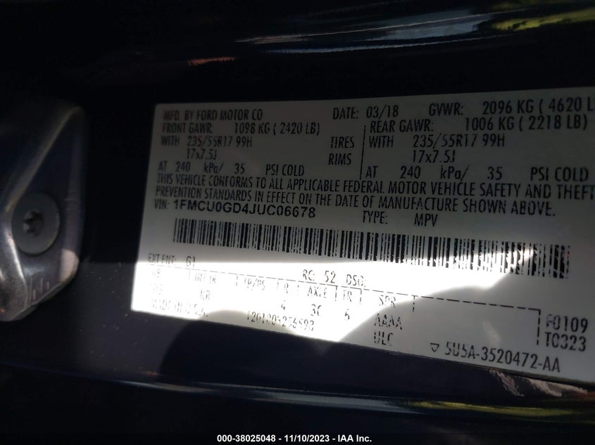 VIN 1FMCU0GD4JUC06678 2018 FORD ESCAPE SE