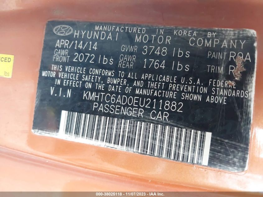 2014 HYUNDAI VELOSTER - KMHTC6AD0EU211882