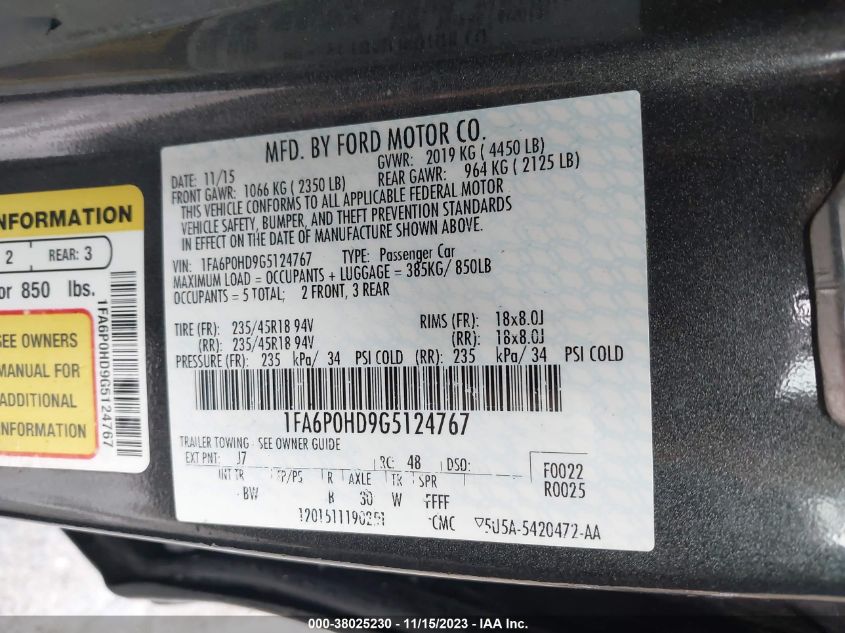 2016 FORD FUSION SE - 1FA6P0HD9G5124767