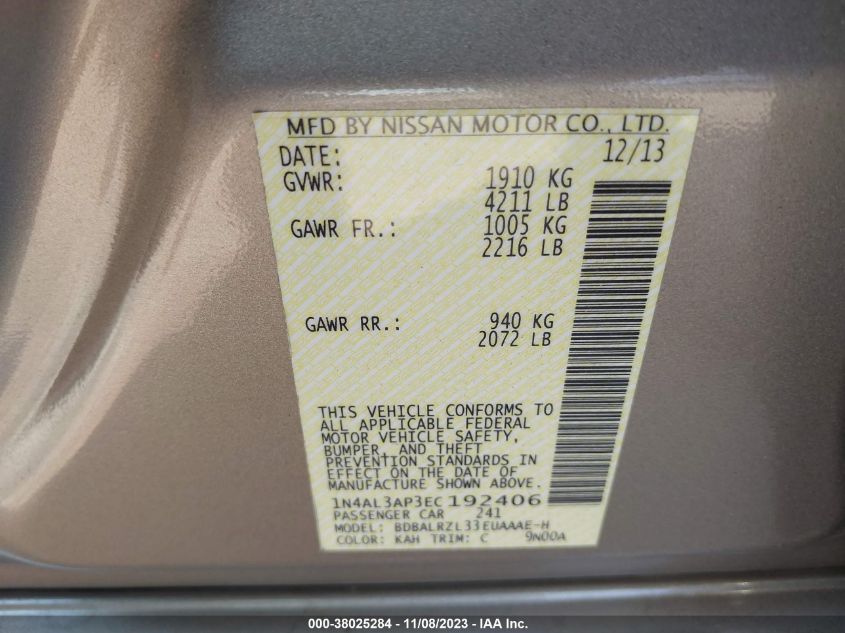 2014 NISSAN ALTIMA 2.5 S - 1N4AL3AP3EC192406