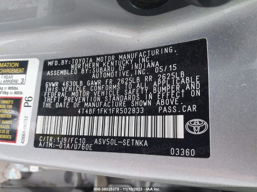 2015 TOYOTA CAMRY LE/XLE/SE/XSE - 4T4BF1FK1FR502833