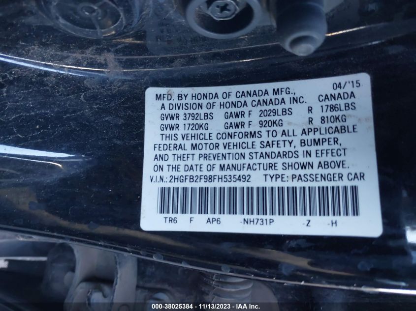 2015 HONDA CIVIC EX-L - 2HGFB2F98FH535492