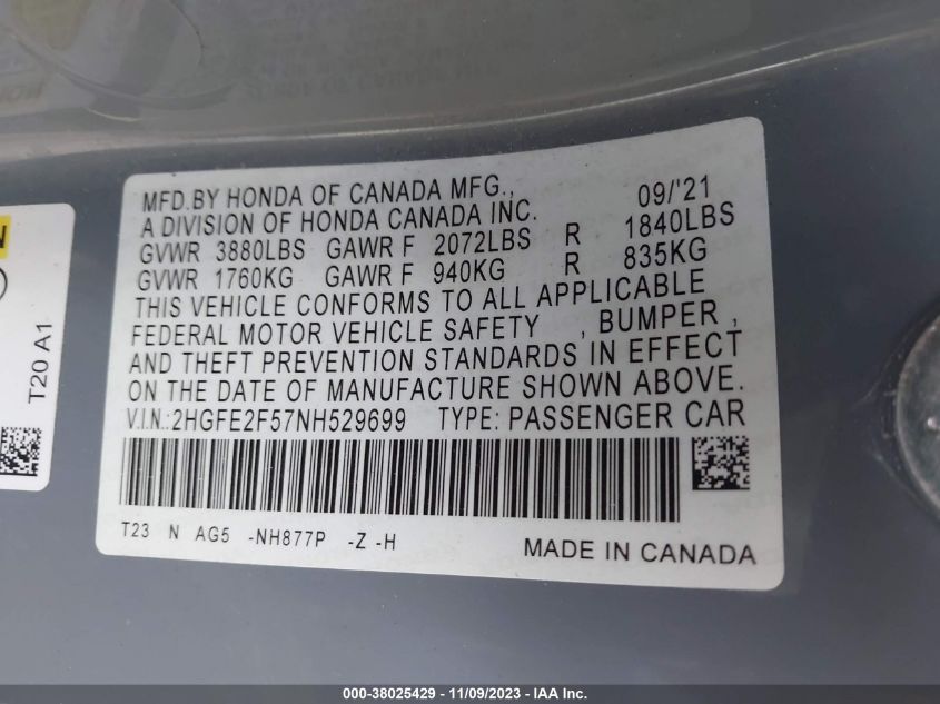 2022 HONDA CIVIC SPORT - 2HGFE2F57NH529699