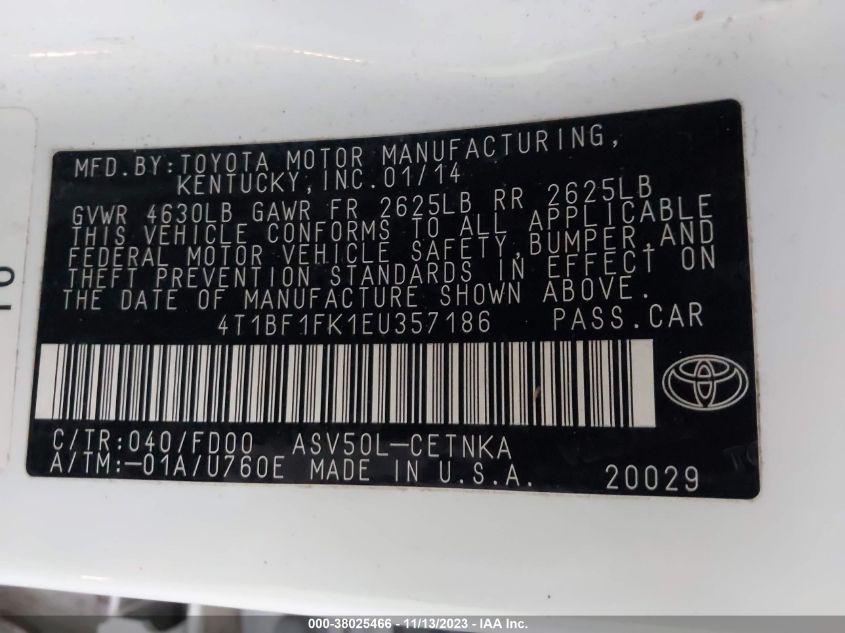 2014 TOYOTA CAMRY L/LE/XLE/SE/SE SPORT - 4T1BF1FK1EU357186