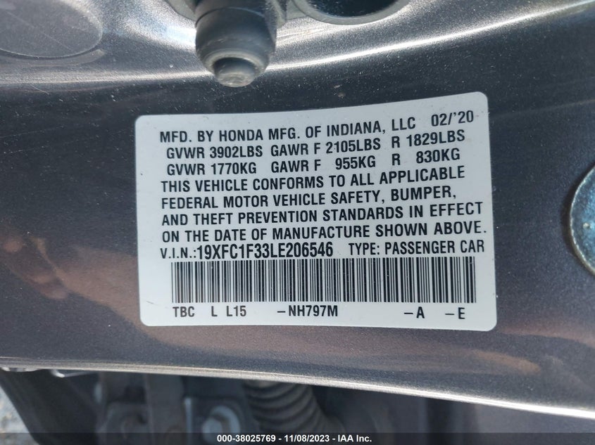 VIN 19XFC1F33LE206546 2020 HONDA CIVIC EX