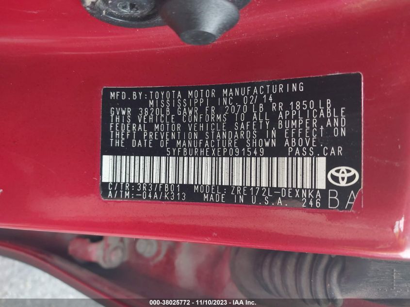 2014 TOYOTA COROLLA LE - 5YFBURHEXEP091549