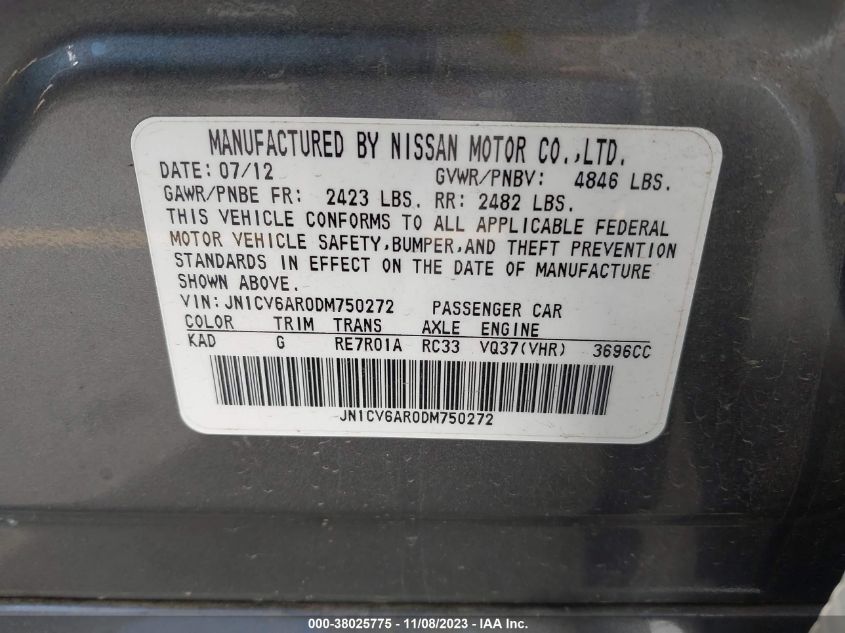 2013 INFINITI G37X - JN1CV6AR0DM750272