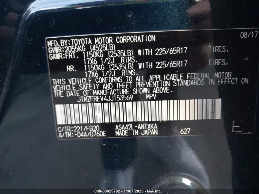 VIN JTMZFREV4JJ153569 2018 TOYOTA RAV4 LE