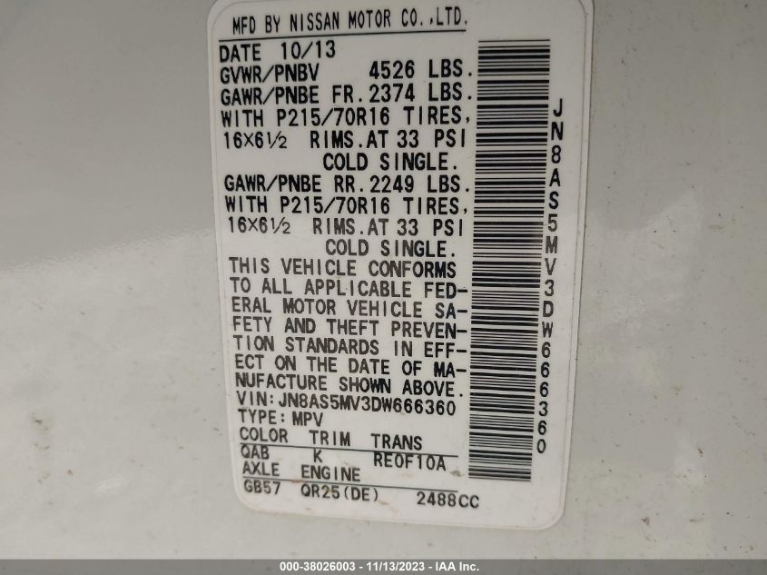 2013 NISSAN ROGUE S/SV - JN8AS5MV3DW666360