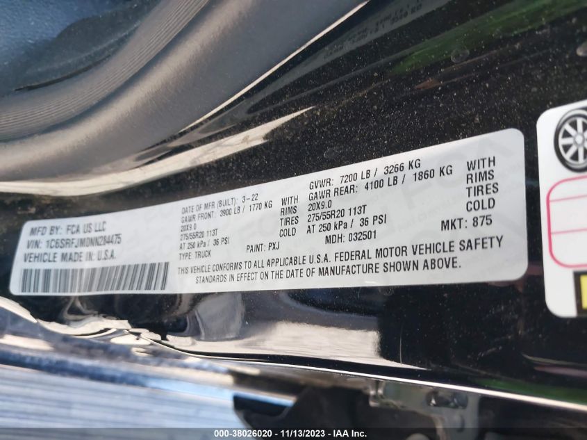 2022 RAM 1500 LARAMIE - 1C6SRFJM0NN284475