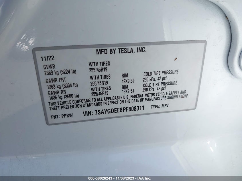 VIN 7SAYGDEE8PF608311 2023 TESLA MODEL Y