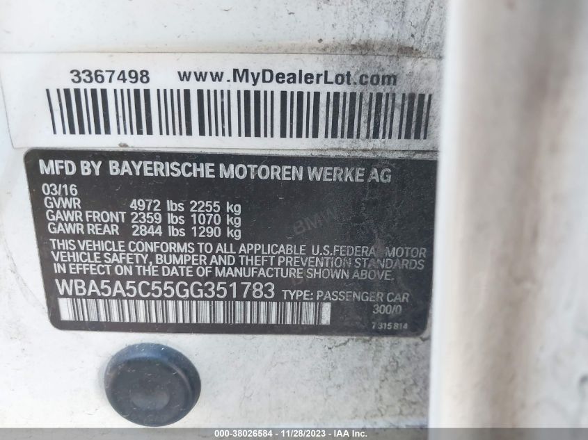 2016 BMW 5 SERIES 528I WBA5A5C55GG351783