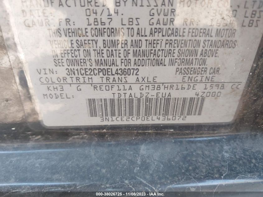 2014 NISSAN VERSA NOTE S/S PLUS/SV/SL - 3N1CE2CP0EL436072