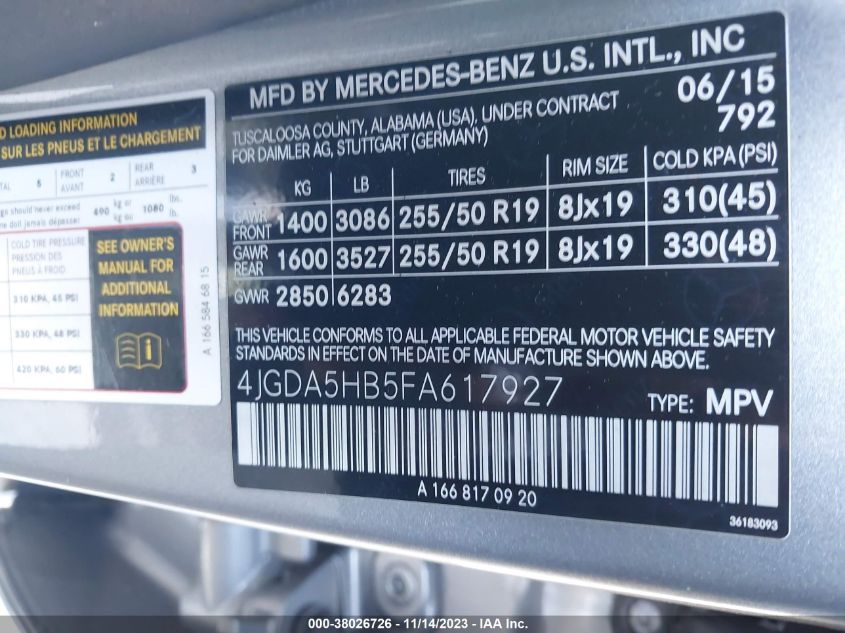 2015 MERCEDES-BENZ ML 350 4JGDA5HB5FA617927