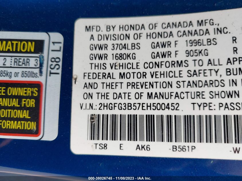 2014 HONDA CIVIC COUPE LX 2HGFG3B57EH500452