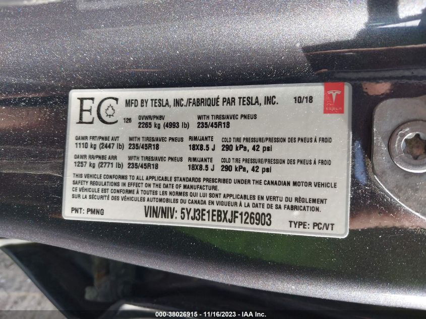 2018 TESLA MODEL 3 LONG RANGE/PERFORMANCE - 5YJ3E1EBXJF126903