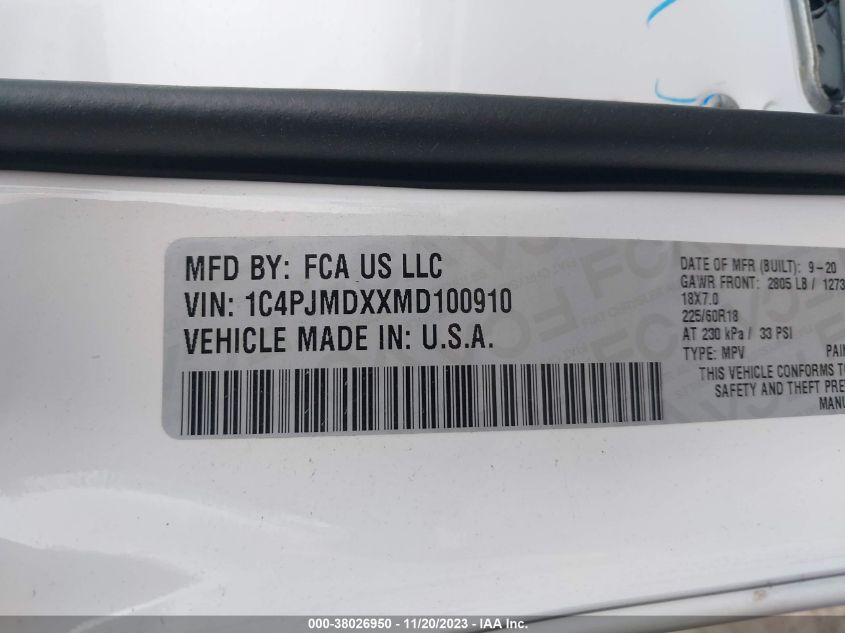 VIN 1C4PJMDXXMD100910 2021 JEEP CHEROKEE LIMITED