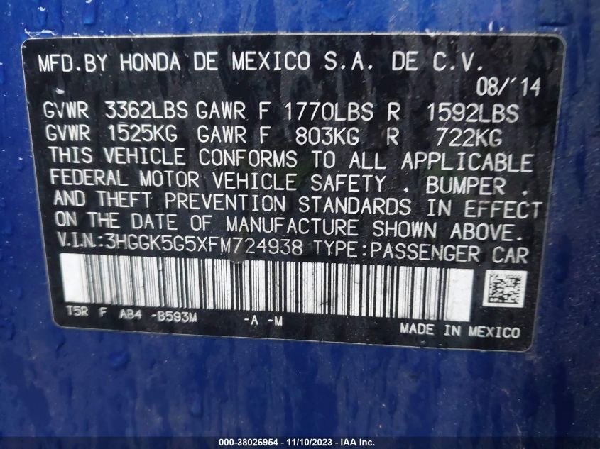 2015 HONDA FIT LX - 3HGGK5G5XFM724938