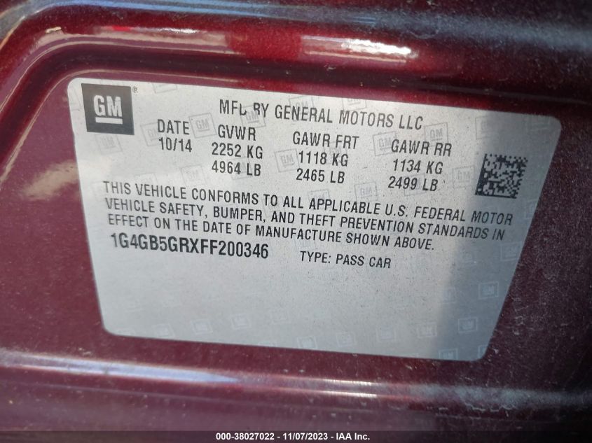 2015 BUICK LACROSSE LEATHER - 1G4GB5GRXFF200346