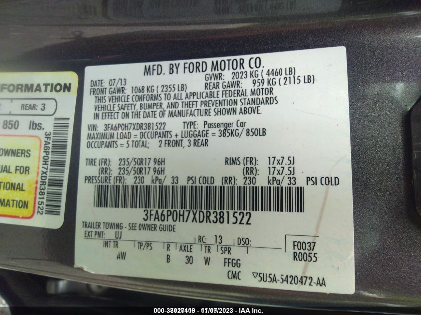 2013 FORD FUSION SE - 3FA6P0H7XDR381522