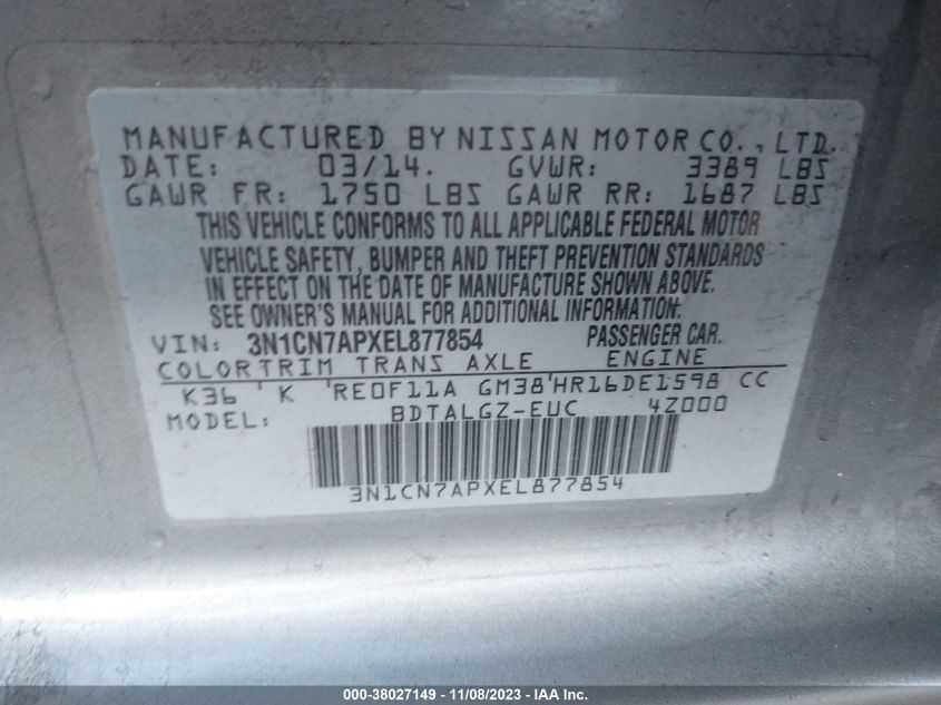 2014 NISSAN VERSA 1.6 SL - 3N1CN7APXEL877854