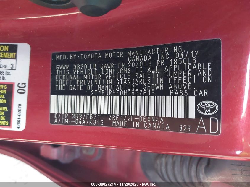 2017 TOYOTA COROLLA L/LE/XLE/SE/XSE - 2T1BURHE0HC897615