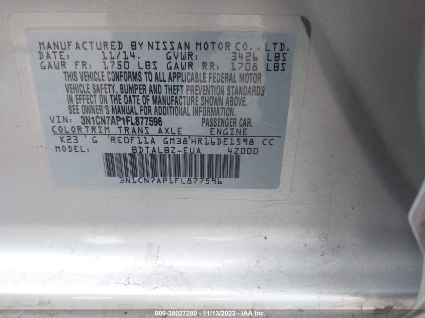 2015 NISSAN VERSA 1.6 SV - 3N1CN7AP1FL877596