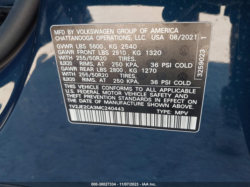 VIN 1V2JE2CA3MC240443 2021 VOLKSWAGEN ATLAS CROSS SPORT SE