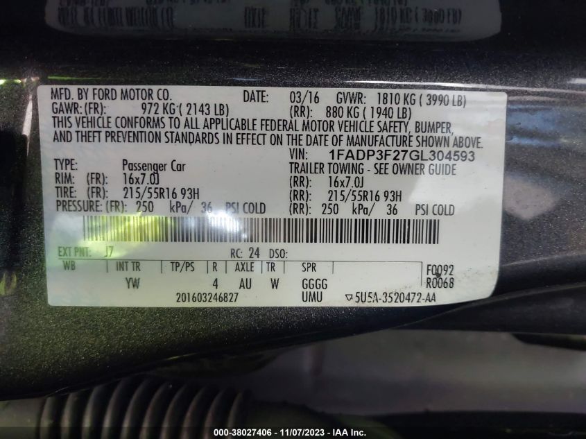 2016 FORD FOCUS SE - 1FADP3F27GL304593