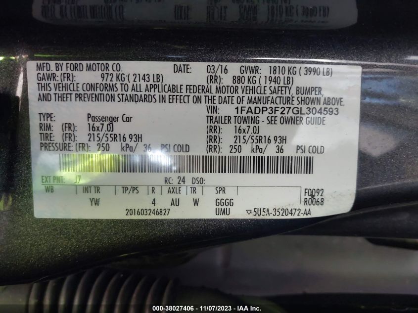 2016 FORD FOCUS SE - 1FADP3F27GL304593