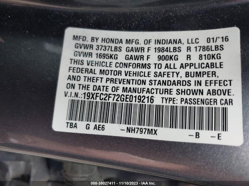2016 HONDA CIVIC EX - 19XFC2F72GE019216