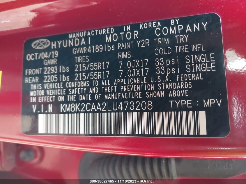 VIN KM8K2CAA2LU473208 2020 HYUNDAI KONA SEL