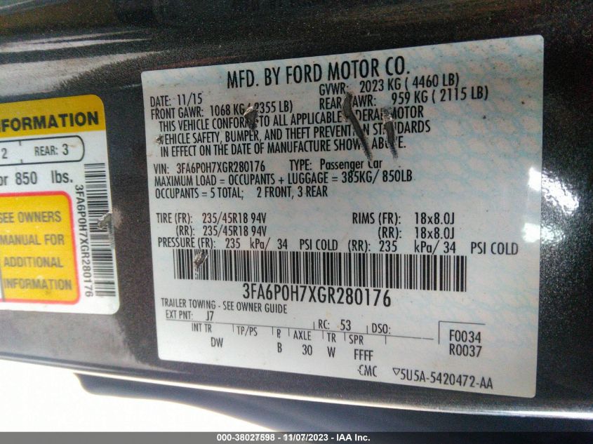 2016 FORD FUSION SE - 3FA6P0H7XGR280176