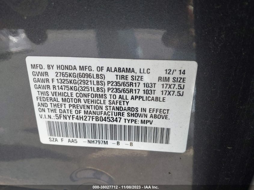 2015 HONDA PILOT LX - 5FNYF4H27FB045347
