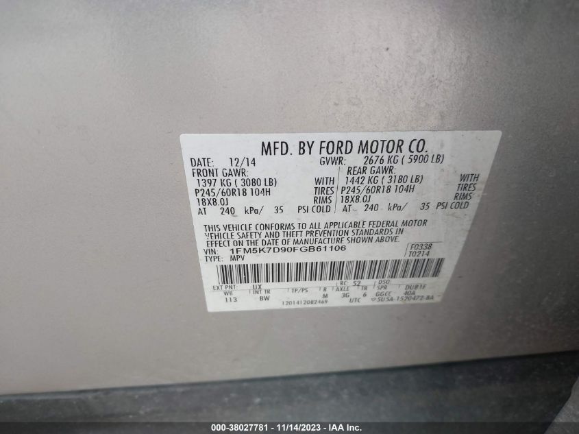 2015 FORD EXPLORER XLT - 1FM5K7D90FGB61106