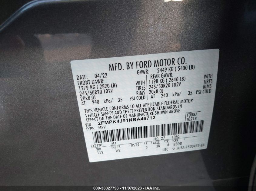 2FMPK4J91NBA46712 2022 FORD EDGE, photo no. 9