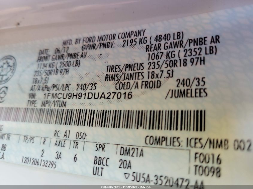2013 FORD ESCAPE SEL - 1FMCU9H91DUA27016