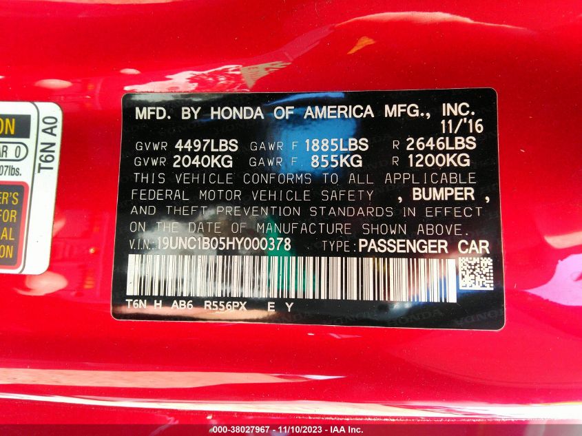 2017 ACURA NSX 19UNC1B05HY000378