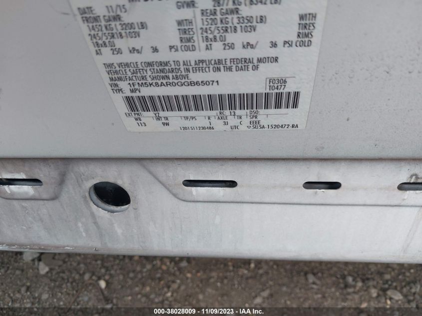 2016 FORD UTILITY POLICE 1FM5K8AR0GGB65071
