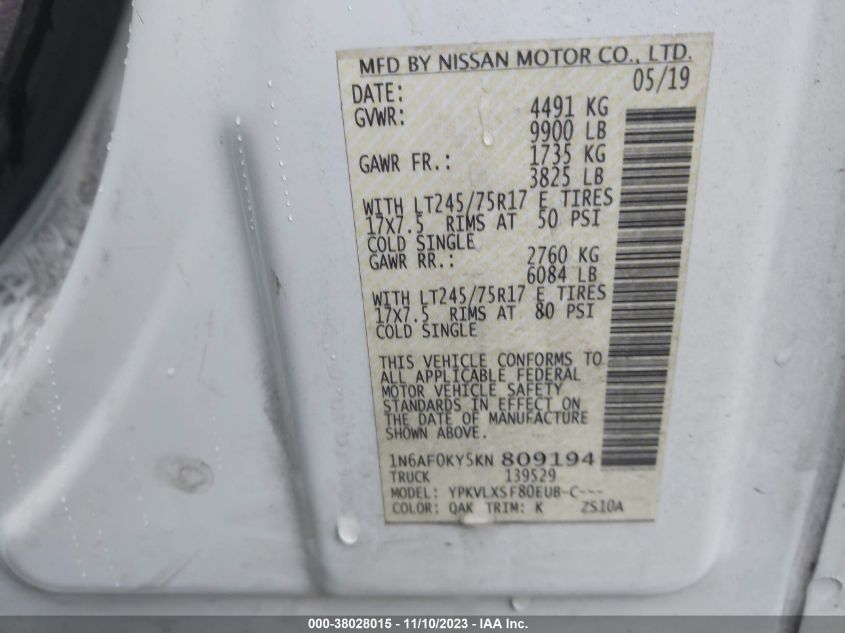 2019 NISSAN NV CARGO NV3500 HD SV V8 1N6AF0KY5KN809194