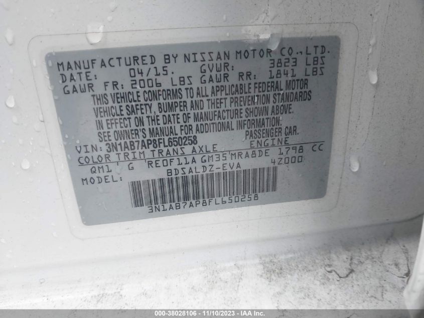 2015 NISSAN SENTRA S/SV/SR/SL - 3N1AB7AP8FL650258