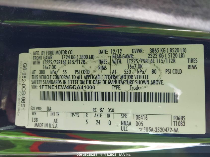 2013 FORD E-150 COMMERCIAL 1FTNE1EW4DDA41000