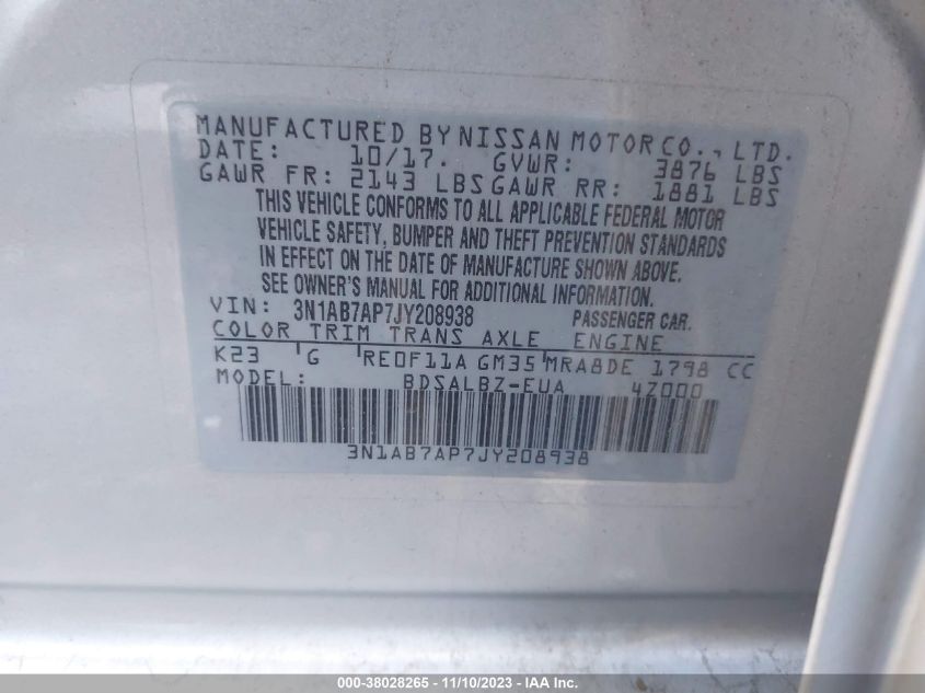 2018 NISSAN SENTRA S/SV/SR/SL - 3N1AB7AP7JY208938