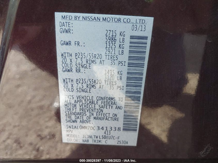 2013 INFINITI JX 5N1AL0MM7DC341338