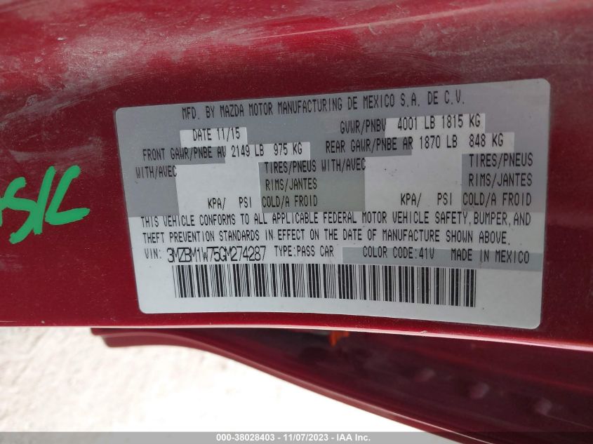 2016 MAZDA MAZDA3 I TOURING - 3MZBM1W75GM274287